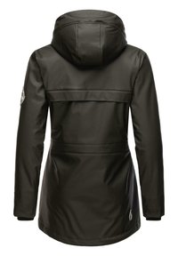 Vattentät svart parka jacka med huva, med en matt yta, justerbara manschetter och en logotyp på övre delen av ryggen och ärmen.
