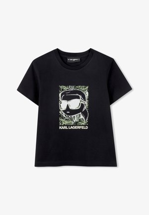 Zwart katoenen T-shirt met een grafische afdruk van een persoon met een zonnebril, omgeven door groene patronen, met de tekst "KARL LAGERFELD" onderaan.