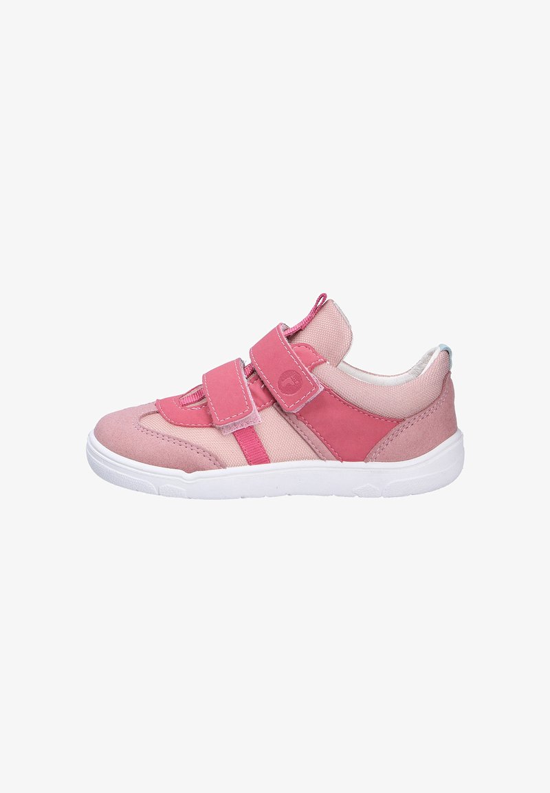 Pink athletic shoe with suede and mesh materials, features two adjustable Velcro straps, white rubber sole, rounded toe, and a padded collar.