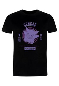 Černé tričko s fialovou grafikou Gengara, obsahující text "GENGAR," "TYPU: DUCH OTRAVA," a informace o oblasti a statistikách Pokémona.