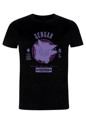 Sort T-shirt med et lilla grafik af Gengar, med tekst som inkluderer "GENGAR," "TYPE: GHOST POISON," samt oplysninger om Pokémonens region og statistikker.