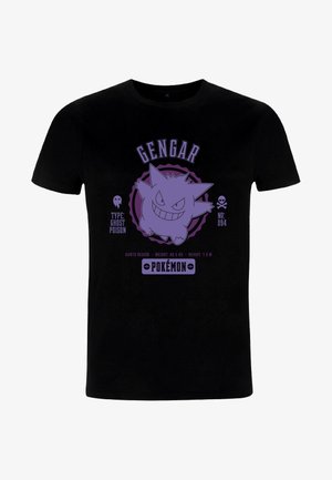 Sort T-shirt med et lilla grafik af Gengar, med tekst som inkluderer "GENGAR," "TYPE: GHOST POISON," samt oplysninger om Pokémonens region og statistikker.