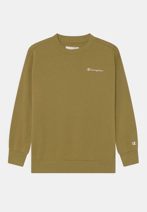 Bluza Champion w kolorze oliwkowym z długim rękawem, ściągaczami na mankietach i u dołu, małe białe logo Champion na piersi i rękawie.