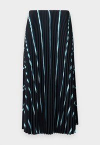 Black pleated skirt with light blue diagonal stripes. Made of lightweight, textured fabric. Falls to mid-calf length with no visible fasteners.
