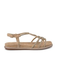 Sandal in suede marrone chiaro con multiple cinghie incrociate e dettagli in strass. Suola piatta con una leggera bordatura luccicante. Chiusura con fibbia regolabile.