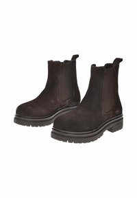 Stivaletti neri in suede con pannelli elastici laterali, linguette per facilitarne l'indossamento e una robusta suola in gomma con battistrada per una migliore aderenza.