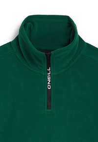 Groene fleece pullover met een hoge kraag en een halve ritssluiting aan de voorkant. Voorzien van een zwarte rits en logo-detail op de bovenste klep. Zachte textuur.