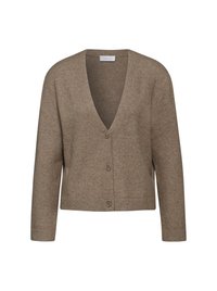 Brauner gestrickter Cardigan mit V-Ausschnitt, drei Knöpfen auf der Vorderseite und gerippten Bündchen und Saum. Weiche Textur, lockerer Schnitt und lange Ärmel.