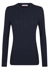 Pull en tricot côtelé bleu marine avec des manches longues, un col ras du cou, des poignets et un ourlet côtelés. Présente un motif texturé et un matériau doux et épais.