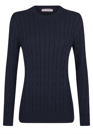 Navy kabelgebreide trui met lange mouwen, ronde hals, ribgebreide manchetten en zoom. Heeft een gestructureerd patroon en zacht, dik materiaal.