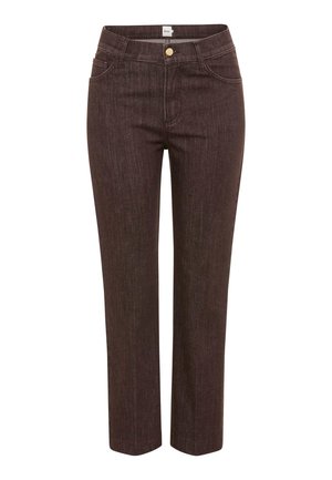Dark brown straight-leg jeans with front pockets, belt loops, and a button closure.