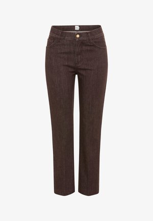 Dark brown straight-leg jeans with front pockets, belt loops, and a button closure.