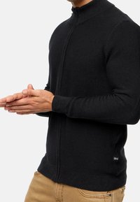 Mann in schwarzem Reißverschluss-Pullover aus Strick und beigen Hosen, mit gefalteten Händen davor, vor einem schlichten weißen Hintergrund.