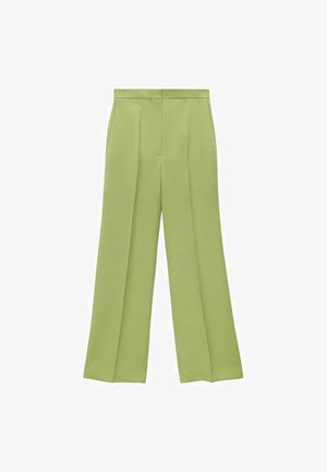 Groene wijde broek met een gladde textuur, voorplooien en een getailleerde tailleband. Een losse pasvorm versterkt de algehele silhouet.