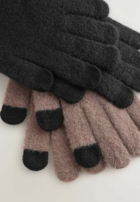 Handschuhe aus einer Wollmischung in Dunkelgrau und Hellbraun, mit strukturierten Oberflächen und schwarzen Fingerspitzen. Weiches, warmes und komfortables Design.