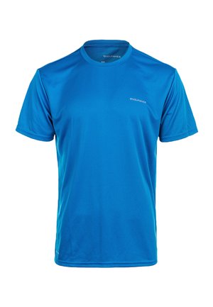 Lichtblauwe crewneck t-shirt van ademend materiaal, met korte mouwen en een subtiel logo op de borst. Gladde textuur, reguliere pasvorm.