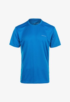 Lichtblauwe crewneck t-shirt van ademend materiaal, met korte mouwen en een subtiel logo op de borst. Gladde textuur, reguliere pasvorm.