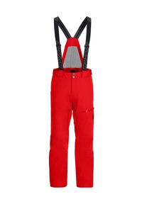 Rote Skihose mit verstellbaren schwarzen Trägern, mehreren Taschen, einer seitlichen Reißverschlusstasche und einem glatten, wasserabweisenden Stoff.