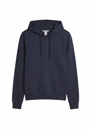 Sudadera con capucha de manga larga en azul marino, con bolsillo tipo canguro en el frente, capucha ajustable con cordón y sutil logo de la marca en el pecho.
