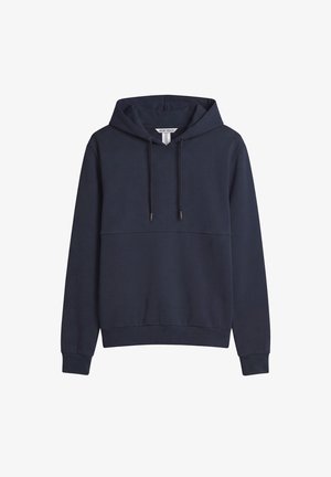 Felpa con cappuccio blu navy a maniche lunghe, con tasca a marsupio frontale, cappuccio regolabile con coulisse e logo del marchio discreto sul petto.