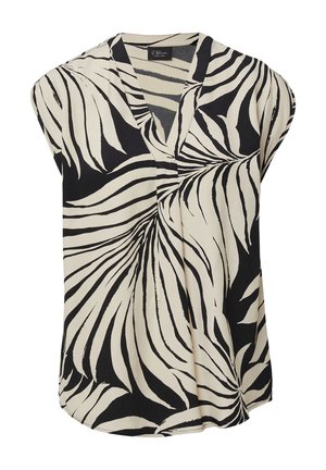 Mouwloze blouse in crèmewit met een zwart palmbladpatroon. Heeft een V-hals en een losse, vloeiende snit met een gebogen rand.