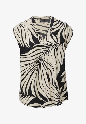 Mouwloze blouse in crèmewit met een zwart palmbladpatroon. Heeft een V-hals en een losse, vloeiende snit met een gebogen rand.