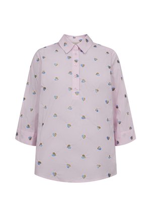 Lichtroze overhemd met knopen en driekwartmouwen, voorzien van een klein blauw- en goudkleurig bloemenpatroon en een puntige kraag.