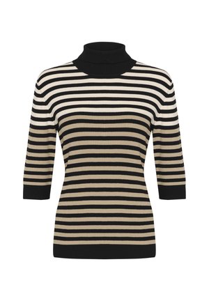 Gestreifter Rollkragenpullover in Schwarz, Beige und Creme mit geripptem Textur und dreiviertellangen Ärmeln.