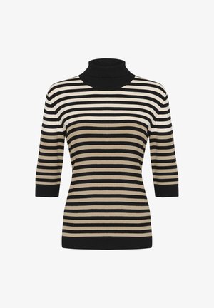 Gestreifter Rollkragenpullover in Schwarz, Beige und Creme mit geripptem Textur und dreiviertellangen Ärmeln.
