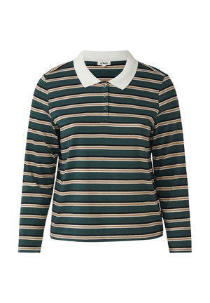 Polo shirt met lange mouwen met horizontale groene, beige en witte strepen, witte kraag en een drieknoopsluiting.