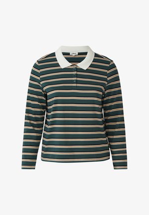 Polo shirt met lange mouwen met horizontale groene, beige en witte strepen, witte kraag en een drieknoopsluiting.
