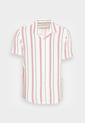 Short-sleeve shirt in a lightweight fabric, featuring vertical red and black stripes on a white background, with a classic collar and buttoned front.