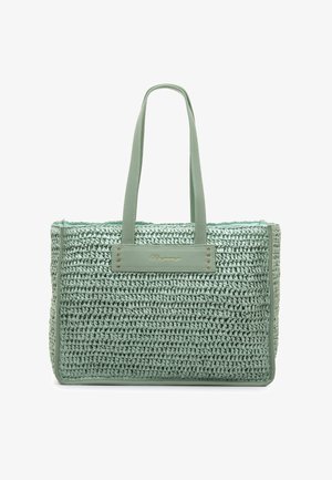 Borsa a tracolla verde intrecciata con esterno testurizzato, dettagli in pelle, manici corti e accessori dorati sulla parte anteriore.