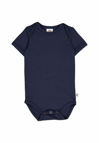 Granatowy bodysuit z krótkim rękawem wykonany z miękkiego materiału, z okrągłym dekoltem, zapięciem na zatrzaski na dole oraz małą metką po boku.