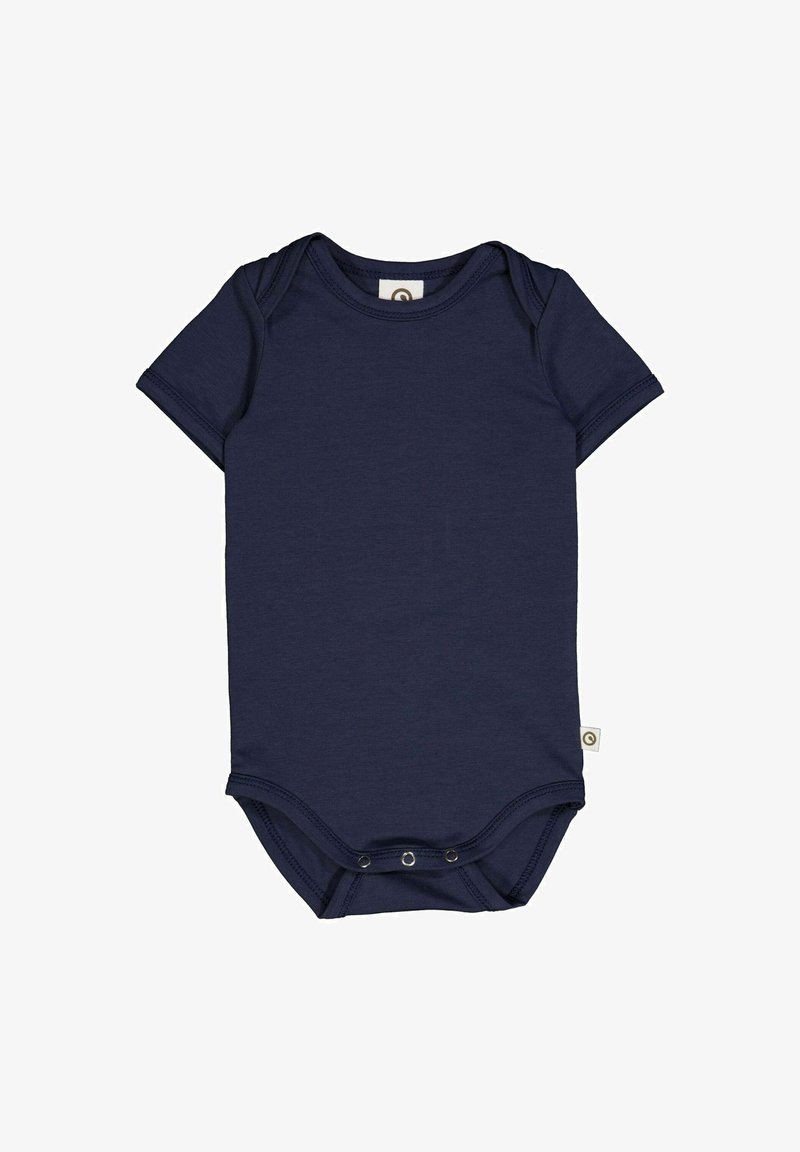 Granatowy bodysuit z krótkim rękawem wykonany z miękkiego materiału, z okrągłym dekoltem, zapięciem na zatrzaski na dole oraz małą metką po boku.