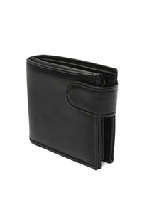 Black leather wallet with a smooth texture, featuring a foldable design and a snap closure. Compact shape with multiple card slots.