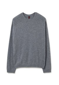 Grijze trui van zacht materiaal, met een ronde halslijn, ribgebreide schouderdetails en lange mouwen. Glad textuur met een comfortabele pasvorm.