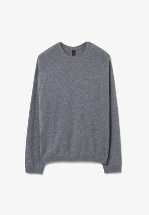 Maglione grigio realizzato in materiale morbido, con colletto rotondo, dettagli a coste sulle spalle e maniche lunghe. Tessuto liscio con una vestibilità rilassata.