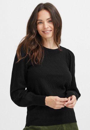 Black knit sweater with a textured diamond pattern, round neckline, and long sleeves. Soft fabric and ribbed cuffs add detail.