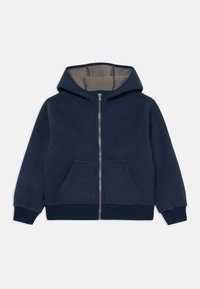 Marinefarget fleece zip-up hettegenser med grå foring, frontlommer og ribbede mansjetter og nederkant. Har en logo på brystet.
