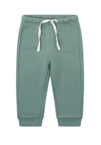 Pantalones de chándal de algodón verde claro con cintura ajustable con cordón, puños cónicos y detalles en la costura lateral. Textura suave, adecuados para uso casual.