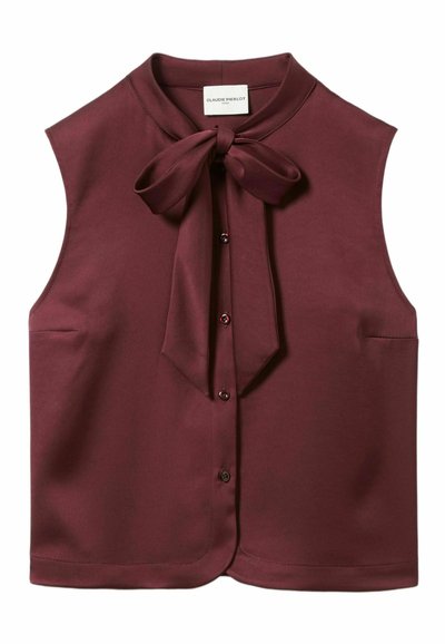 Blusa senza maniche color bordeaux con dettaglio al collo legato, chiusura a bottoni e superficie liscia. Presenta pannelli laterali e nessuna tasca visibile.