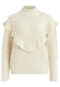 Pull en maille crème avec un col montant, des volants superposés, des motifs en torsades et des manches texturées à mailles ouvertes.