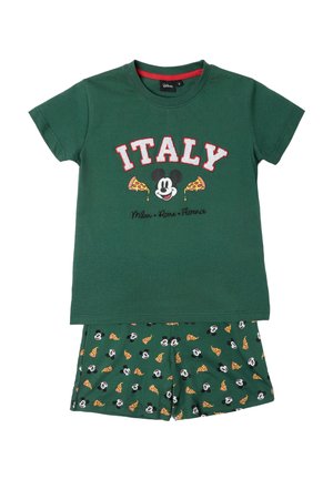 Conjunto de camiseta de manga corta y pantalones cortos verdes con diseños de Mickey Mouse, porciones de pizza, texto "ITALIA" y nombres de ciudades "Milán, Roma, Florencia".