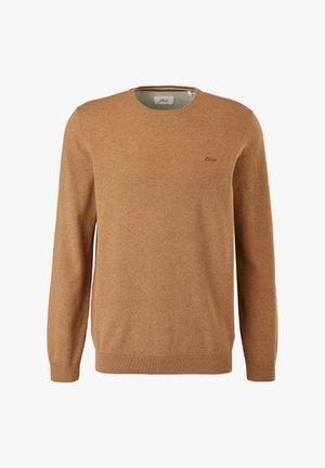 Truien met ronde hals in een lichtbruine kleur, gemaakt van een zachte gebreide stof. Voorzien van geribbelde manchetten en zoom, met een klein logo op de borst.