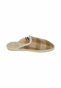 Brown and cream plaid slipper with soft fleece lining, beige sole, and contrasting red, white, and blue accent on the opening.