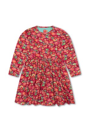 Rode bloemenjurk met lange mouwen, een geplooide taille en blauw-groene accenten. Bevat een levendig patroon van verschillende bloemen en bladeren.