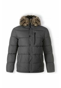 Gray puffer jacket with a fur-lined hood, zippered chest pocket, and two front pockets. Features quilted sections for insulation and warmth.