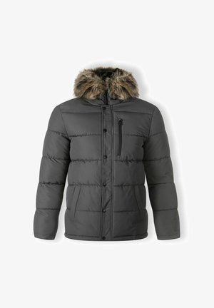 Siva napihljena jakna s kapuco obloženo z krznom, z zadrgo na prsnem žepu in dvema sprednjima žepoma. Vsebuje kvadratna območja za izolacijo in toploto.