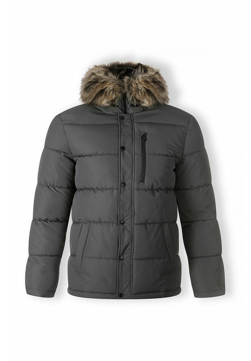 Gray puffer jacket with a fur-lined hood, zippered chest pocket, and two front pockets. Features quilted sections for insulation and warmth.